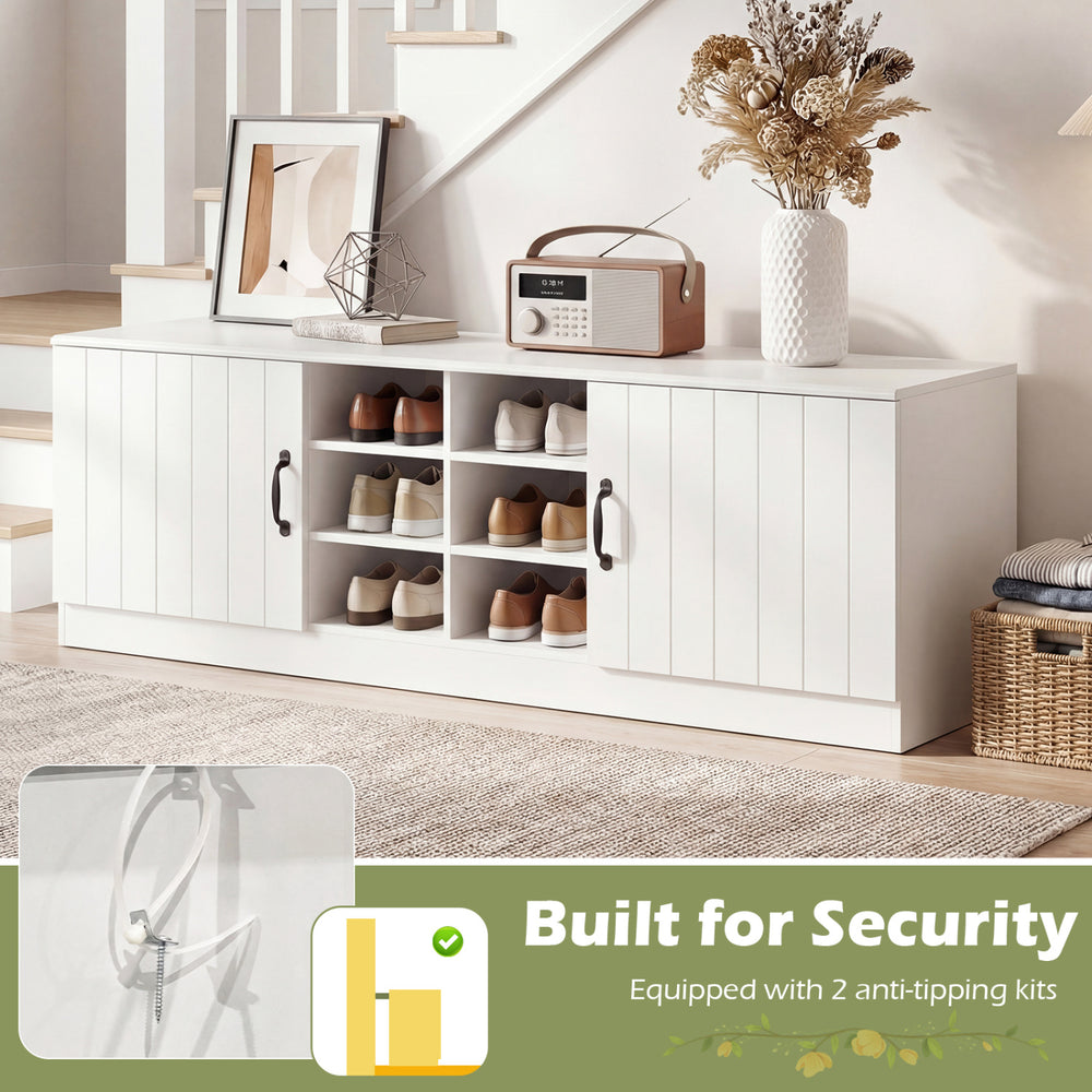 White 2-door shoe bench storage cabinet with adjustable shelves and anti-tip kits, perfect for entryway seating and.