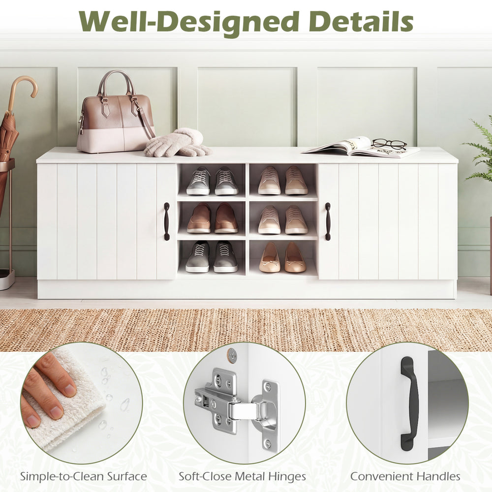 2-door shoe bench storage cabinet in white with adjustable shelves, soft-close hinges, and convenient handles for.