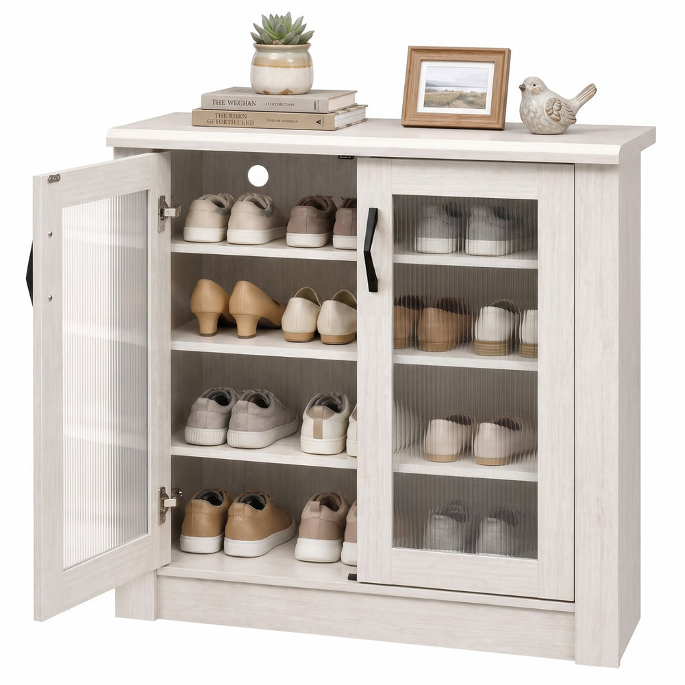 Stylish 2-door shoe cabinet in white featuring removable shelves and cable management holes for modern, organized storage.