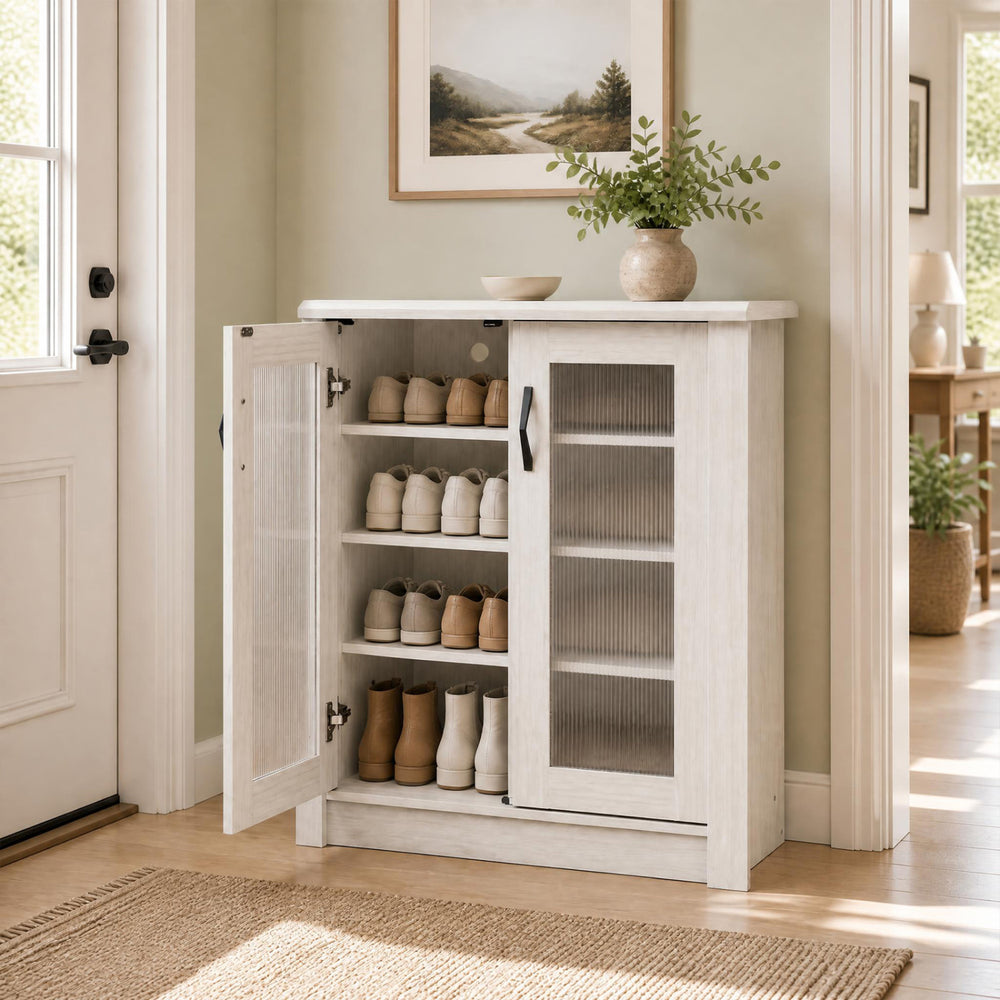2-door shoe cabinet in white featuring fluted transparent doors and customizable storage for various shoe heights.