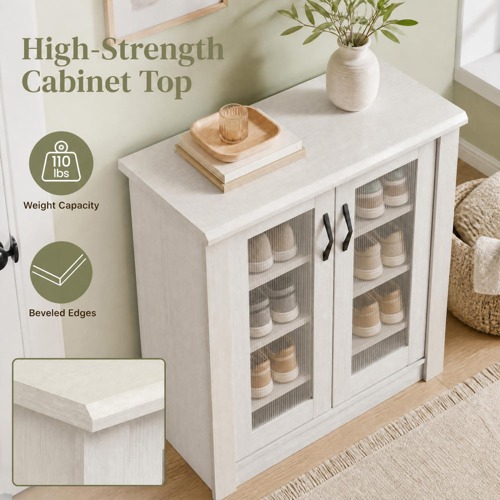 2-door shoe cabinet in white with removable shelves, fluted doors, and a high-strength top for stylish storage.