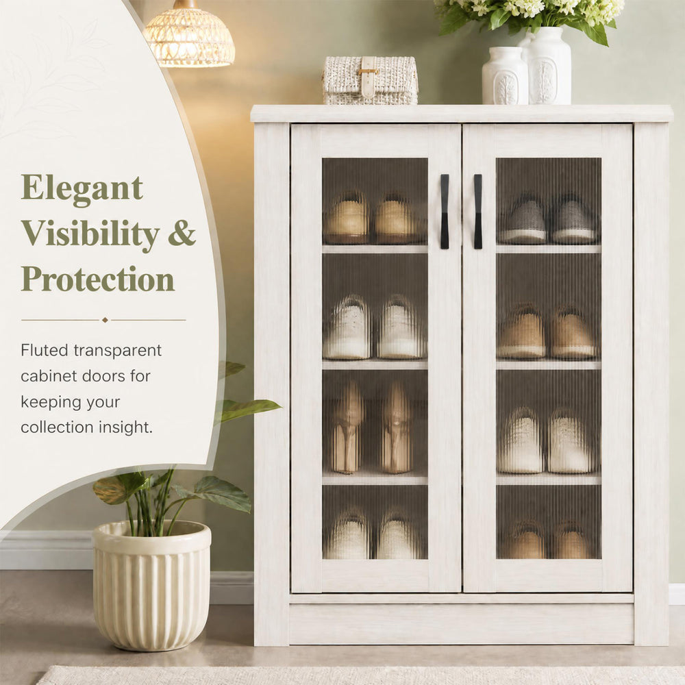2-door white shoe cabinet with fluted transparent doors and removable shelves for stylish shoe storage and visibility.