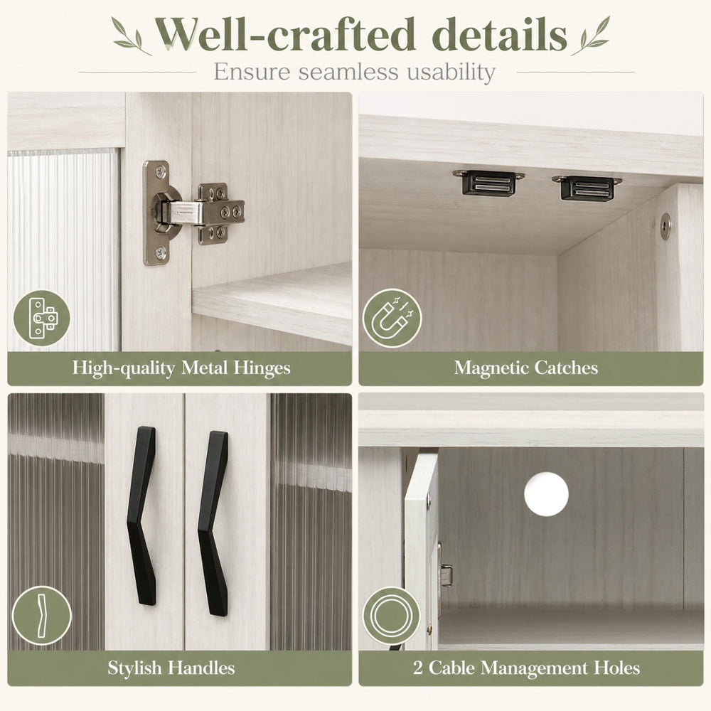 High-quality metal hinges and stylish handles detail the 2-door white shoe cabinet with removable shelves for organized storage.