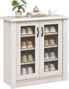 2-door white shoe cabinet with removable shelves and fluted doors, perfect for organizing sneakers and slippers.