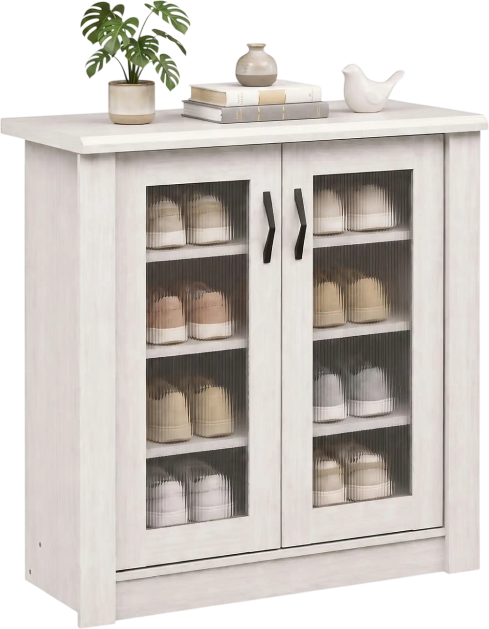 2-door white shoe cabinet with removable shelves and fluted doors, perfect for organizing sneakers and slippers.
