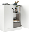 White 2-door storage base cabinet with 3-tier shelf, perfect for organizing books and kitchen supplies in any room.