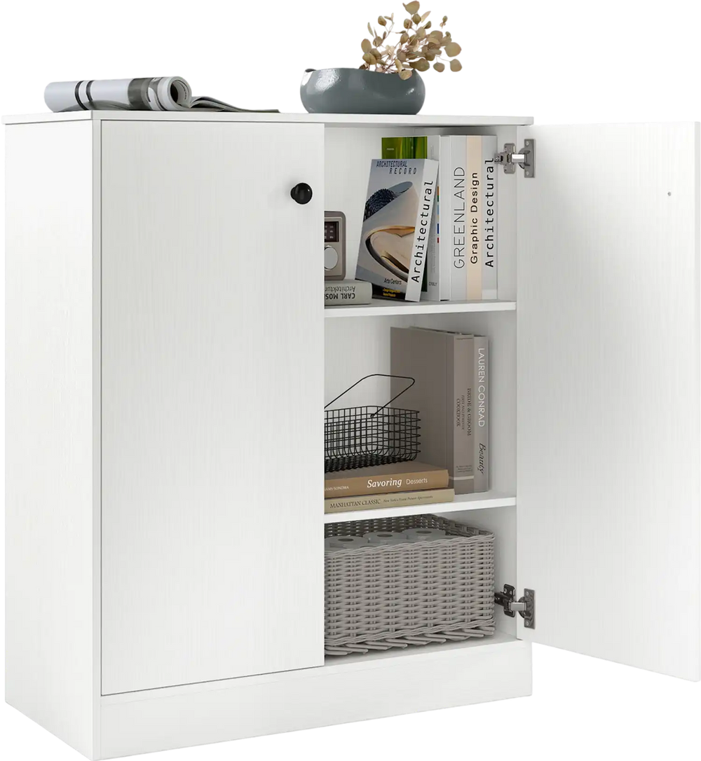 White 2-door storage base cabinet with 3-tier shelf, perfect for organizing books and kitchen supplies in any room.