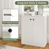 2-door white storage cabinet featuring anti-tipping devices and anti-slip foot pads, ideal for kitchen or living room.