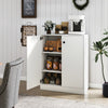 White 2-door storage base cabinet with 3-tier shelf, ideal for kitchen or living room organization and easy maintenance.