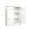 White 2-door storage base cabinet with 3-tier shelf, dimensions 28"x33.5", ideal for kitchen or living room.