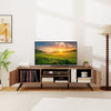 2-door TV stand in oak for TVs up to 65 inches, featuring open shelves and enclosed cabinets for media storage.