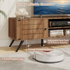 2-door TV stand in oak with open shelves, adjustable foot pads, and 6 raised legs for stability, perfect for TVs up to.