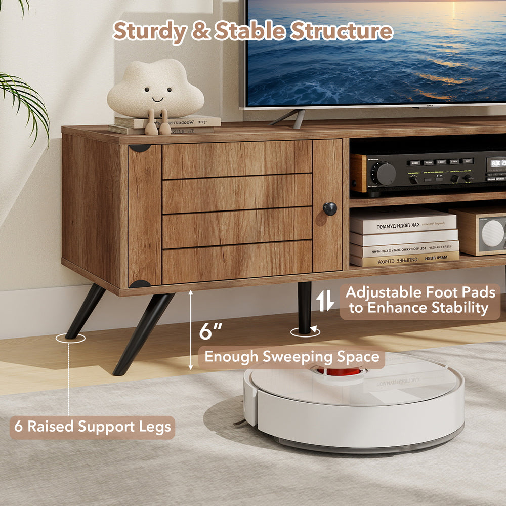 2-door TV stand in oak with open shelves, adjustable foot pads, and 6 raised legs for stability, perfect for TVs up to.