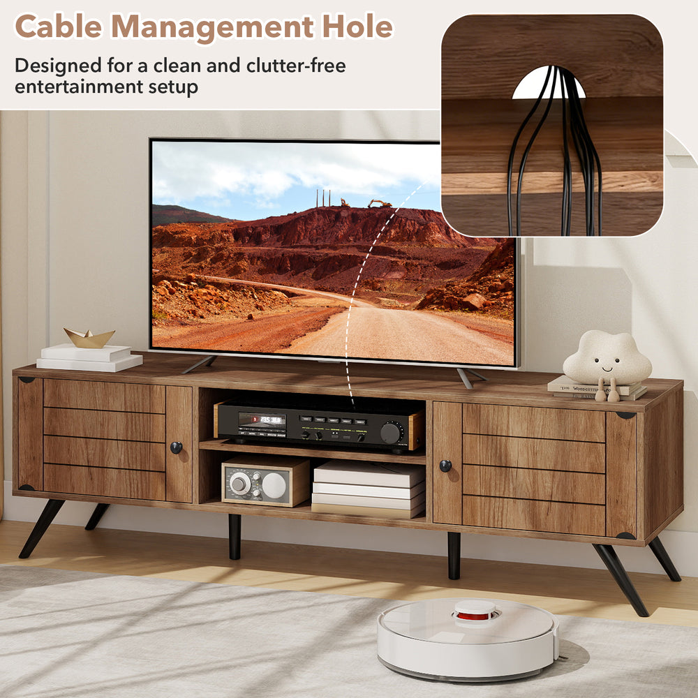 2-door TV stand in oak with cable management hole, designed for TVs up to 65 inches, featuring open shelves and storage.