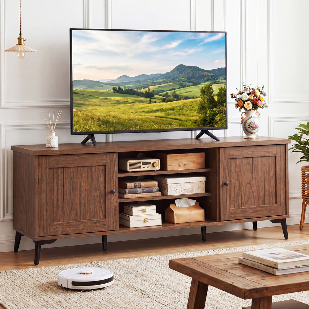 Mid-century modern 2-door TV stand in brown, featuring adjustable shelves and open compartments for TVs up to 65 inches.