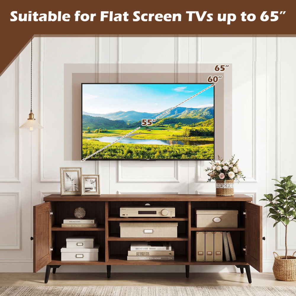 Mid-century modern 2-door TV stand in brown, suitable for TVs up to 65 inches, featuring adjustable shelves and cable.