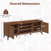 Mid-century modern 2-door TV stand in brown with adjustable shelves, suitable for TVs up to 65 inches, showing.