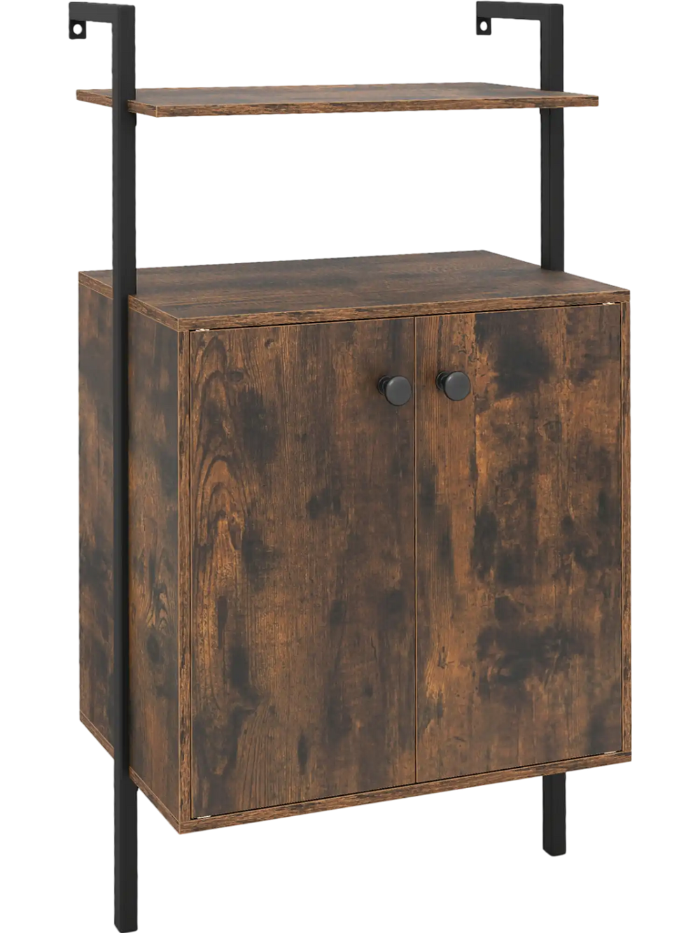 Rustic brown 2-door wall mount bookshelf with open shelf, metal frame, ideal for living room or office storage.
