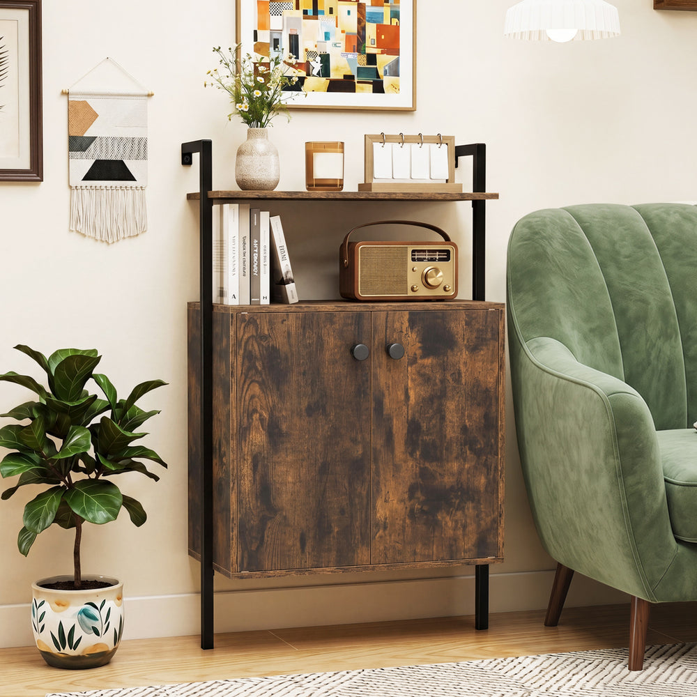 Rustic brown 2-door wall mount bookshelf with open shelf, ideal for versatile storage in living room or office.