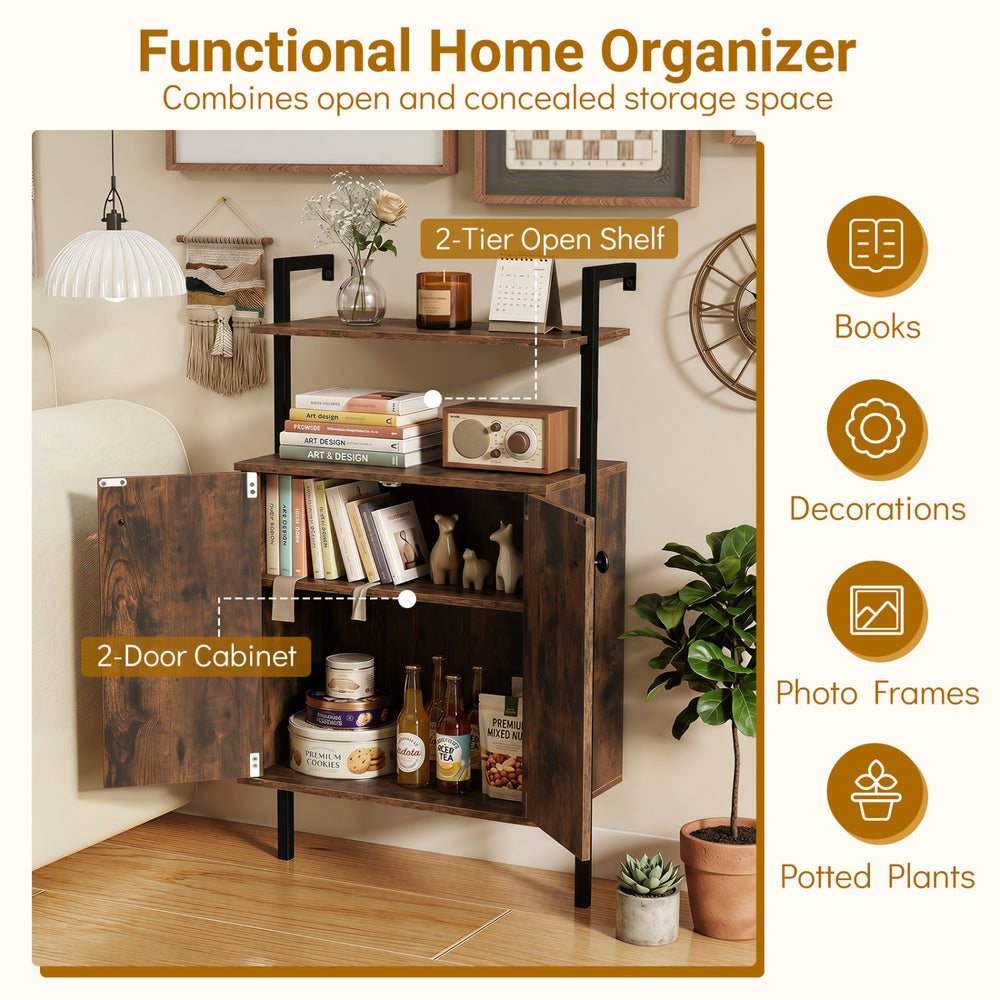 2-door wall mount bookshelf in rustic brown with open shelf and cabinet, ideal for living room or office storage.