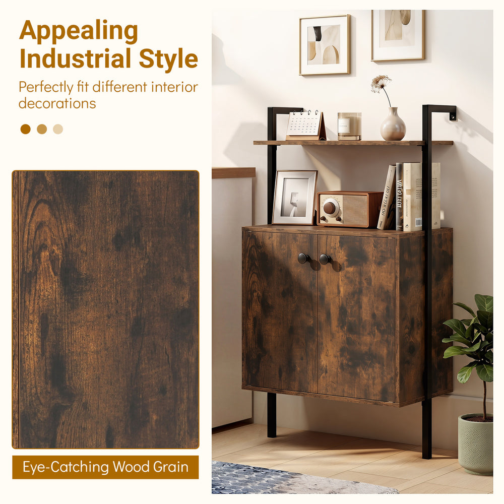 2-door wall mount bookshelf in rustic brown with open shelf, metal frame, and magnetic door catches for versatile.