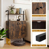 Rustic brown 2-door wall mount bookshelf with open shelf, elevated base for robot vacuum access, and convenient handles.
