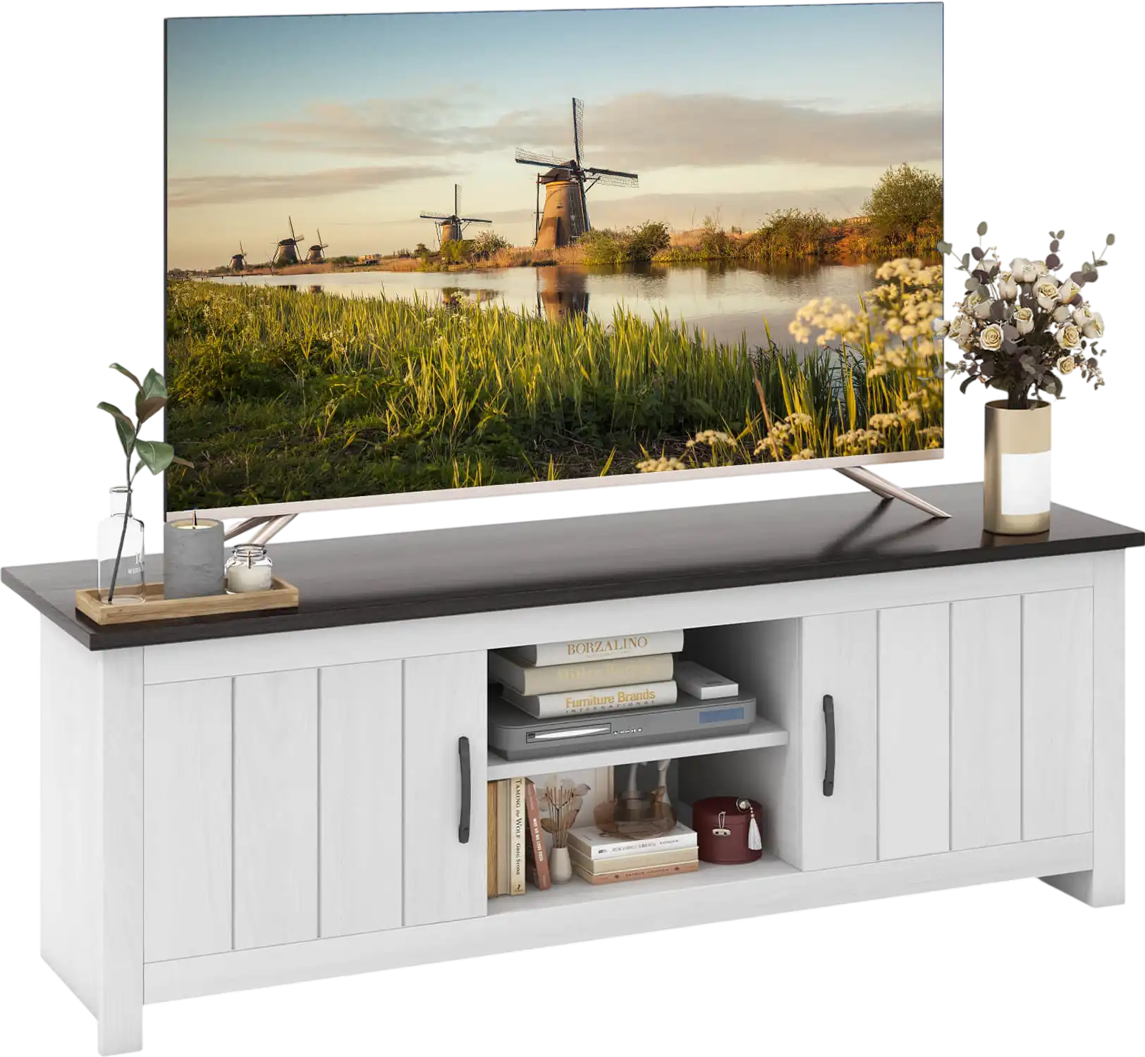 Costway Wood TV Stand 2 Cabinets Open Shelves for TVs up to 65