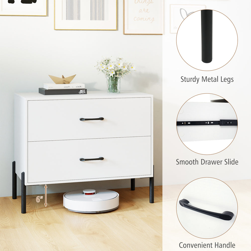 White 2-drawer dresser with sturdy metal legs and convenient handles, ideal for modern bedrooms or offices.