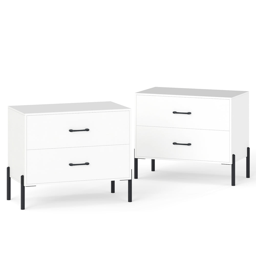 Two modern white 2-drawer dressers with metal handles and sturdy legs, perfect for bedroom or office storage.