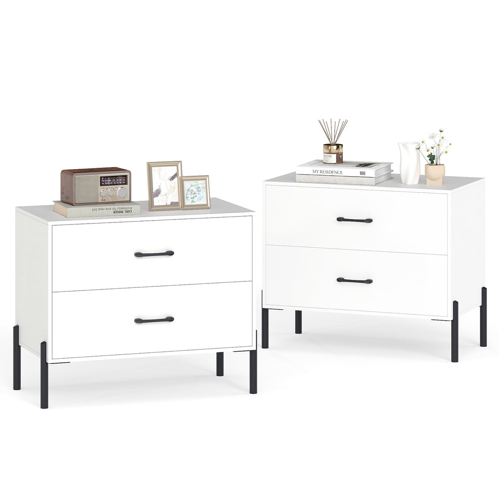 Modern 2-drawer white nightstand set with metal handles and sturdy legs, perfect for bedroom or office storage.