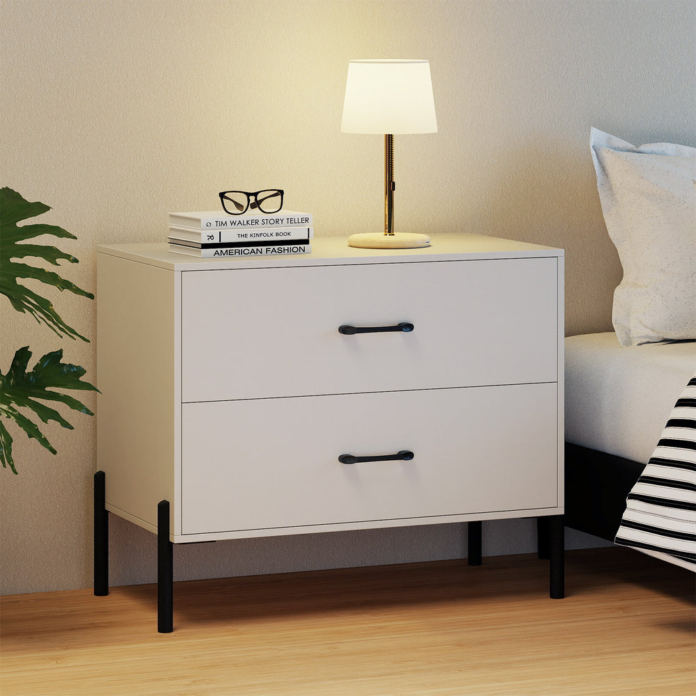 Modern white 2-drawer nightstand with metal handles and sturdy legs, perfect for bedroom or office storage.