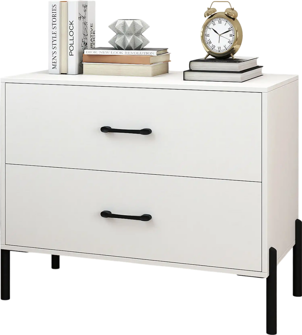 White 2-drawer dresser nightstand with metal handles and sturdy legs, perfect for bedroom or office storage.