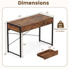 2-Drawer home office desk with a brown engineered wood surface and steel frame, featuring dimensions and weight.