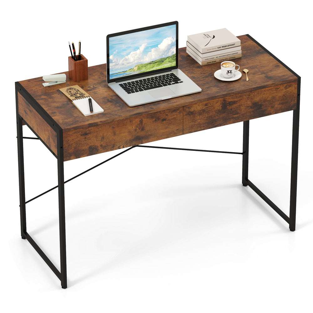 2-drawer home office desk with a brown engineered wood surface and sturdy steel frame, perfect for workspace.