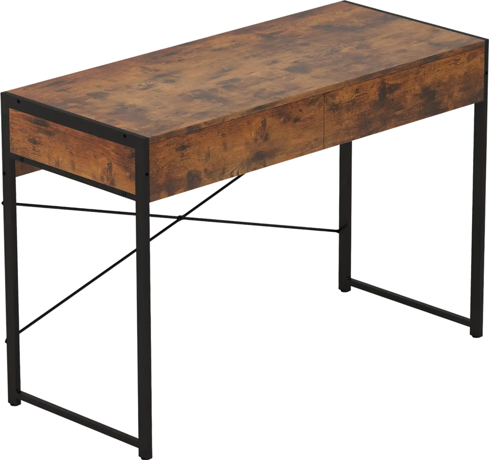 2-drawer home office desk with a brown engineered wood top and sturdy steel frame, ideal for work and gaming.