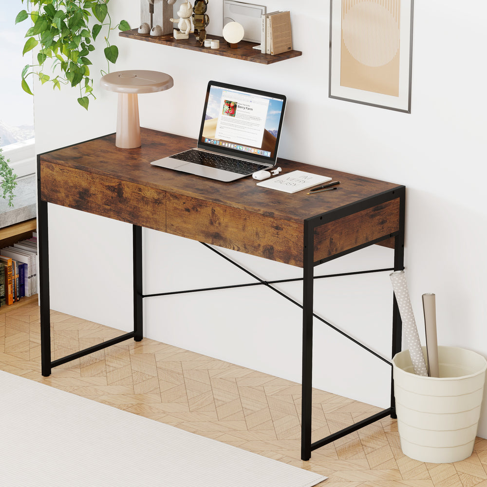2-drawer home office desk with a brown engineered wood top and sturdy steel frame, ideal for workspace organization.