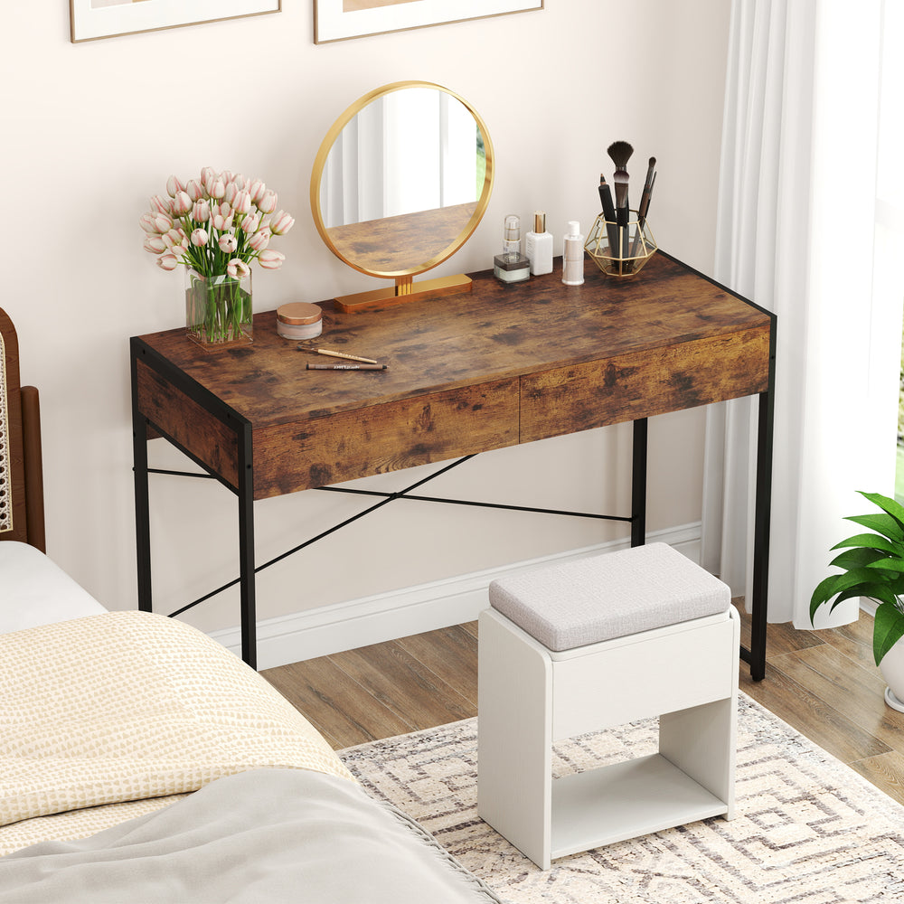 2-drawer home office desk with a brown wood finish and steel frame, ideal for work, gaming, or makeup in a stylish.
