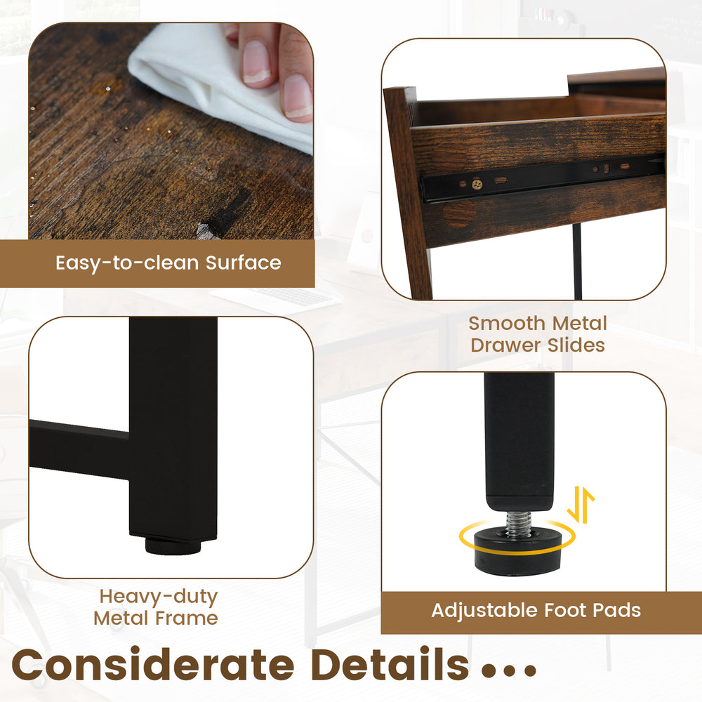 Close-up of the 2-drawer home office desk showcasing the heavy-duty metal frame and adjustable foot pads for stability.