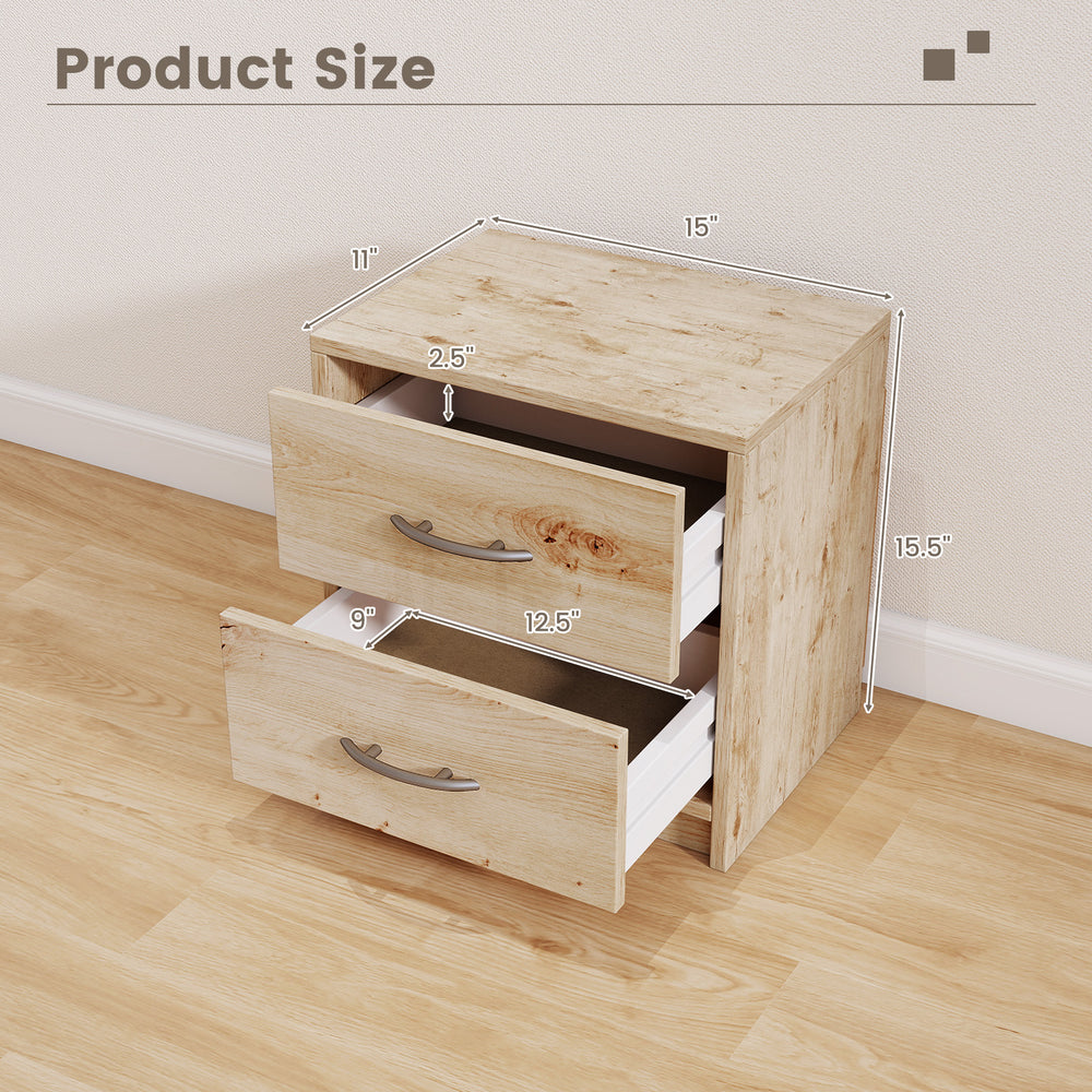 2 Drawer nightstand in oak with smooth slides, ample storage, and chic design for living room or bedroom use.