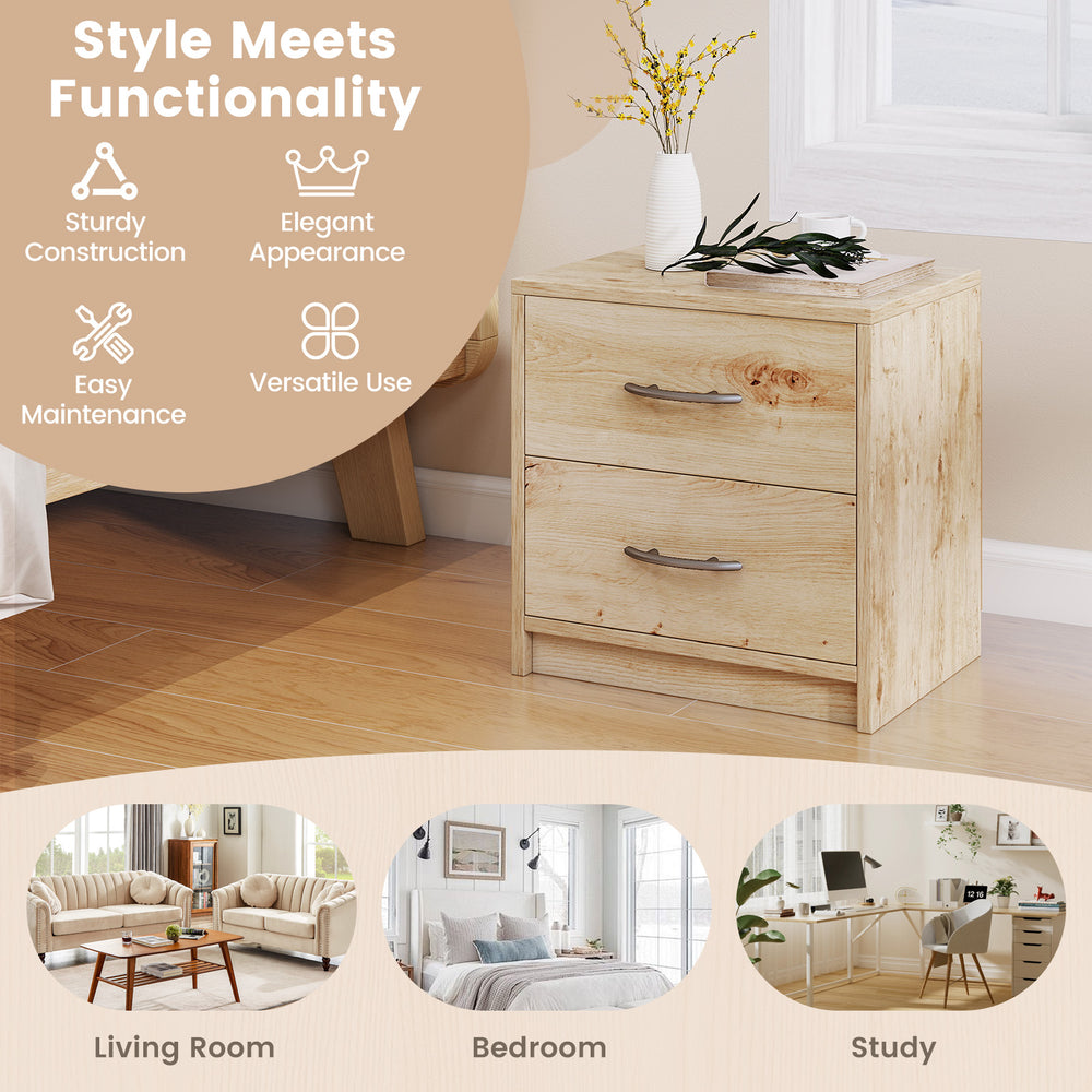 2 Drawer Nightstand in oak finish with smooth slides, ideal for living room or bedroom storage and easy maintenance.