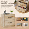 2 Drawer nightstand in oak with wide tabletop, ideal for organizing books and lamps in living room or bedroom.