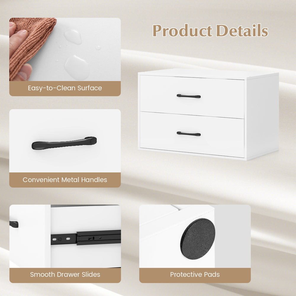 2-drawer white storage cabinet with metal handles, smooth slides, and easy-to-clean surface for versatile organization.