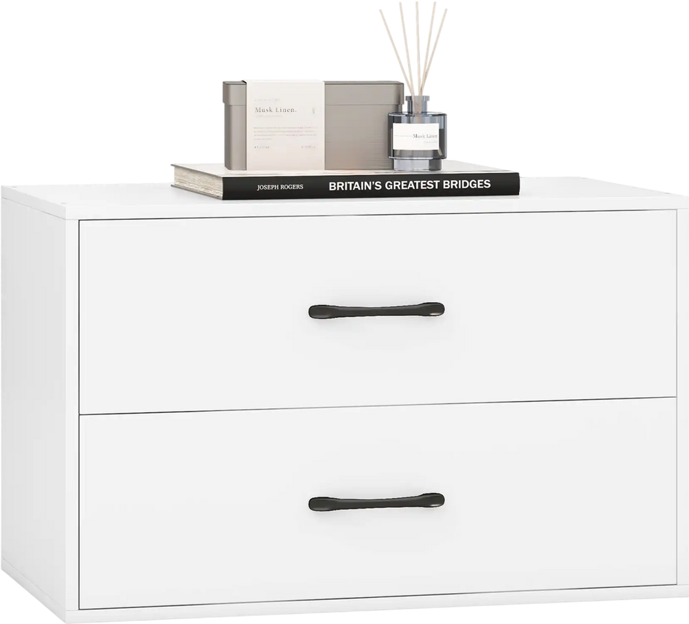 White 2-drawer stackable storage cabinet with handles, ideal for organizing items in living room, bedroom, or office.