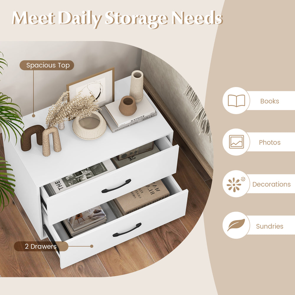 White 2-drawer storage cabinet with handles, featuring a spacious top for decor, ideal for living room or office use.