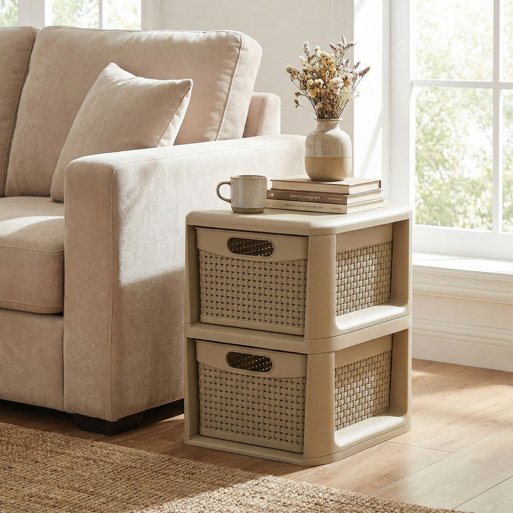 2-drawer storage organizer with wicker patterns in brown, perfect for cosmetics and office supplies, featuring a.