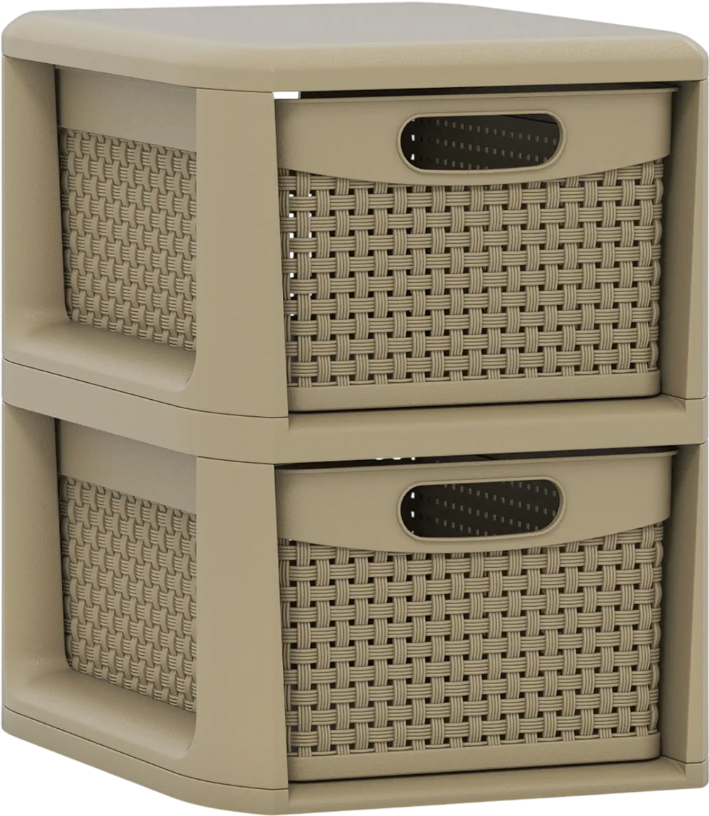Compact 2-drawer storage organizer in brown with wicker patterns, perfect for cosmetics and office supplies.