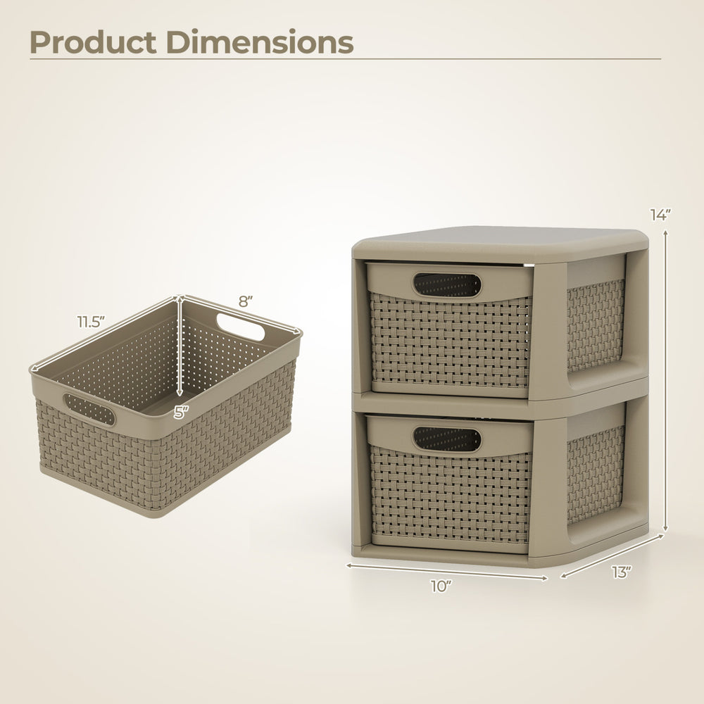 2-drawer storage organizer in brown with wicker patterns, compact design for versatile storage in any room.