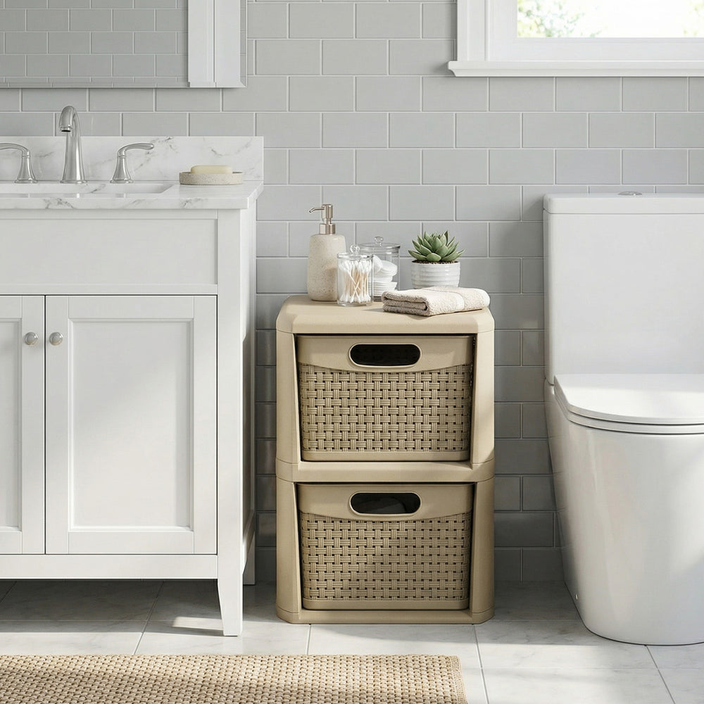 2-drawer storage organizer with wicker patterns in brown, perfect for bathroom or countertop use, featuring waterproof.