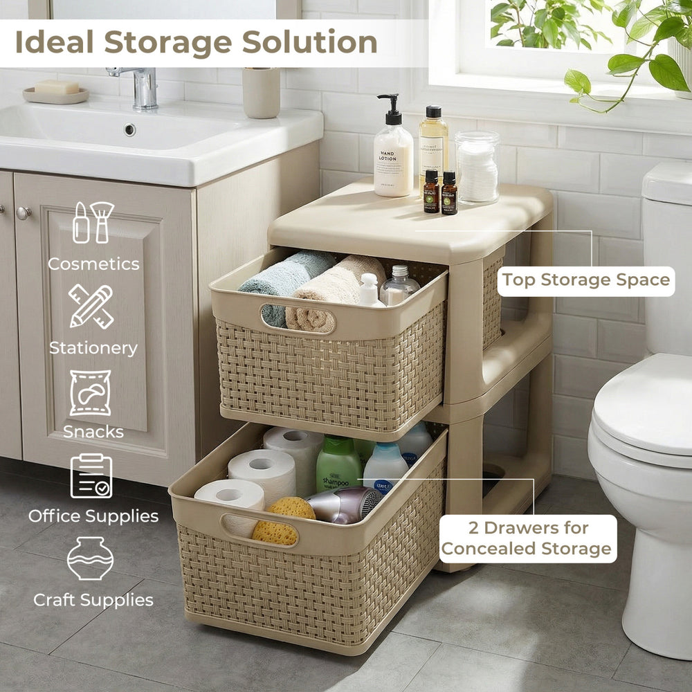 2-drawer storage organizer in brown with wicker patterns, perfect for cosmetics and office supplies on countertops.