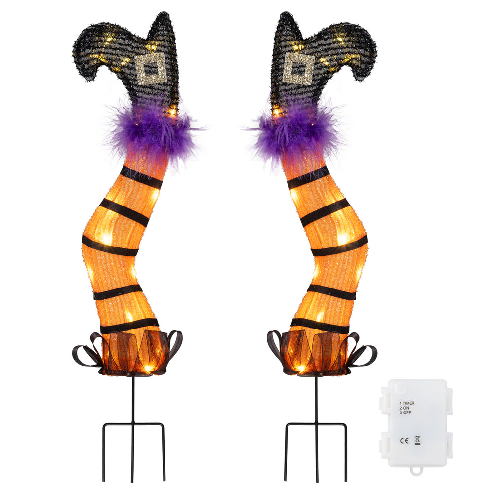 Lighted witch legs with purple trim and tinsel, featuring 30 warm white LEDs for festive Halloween decorations.